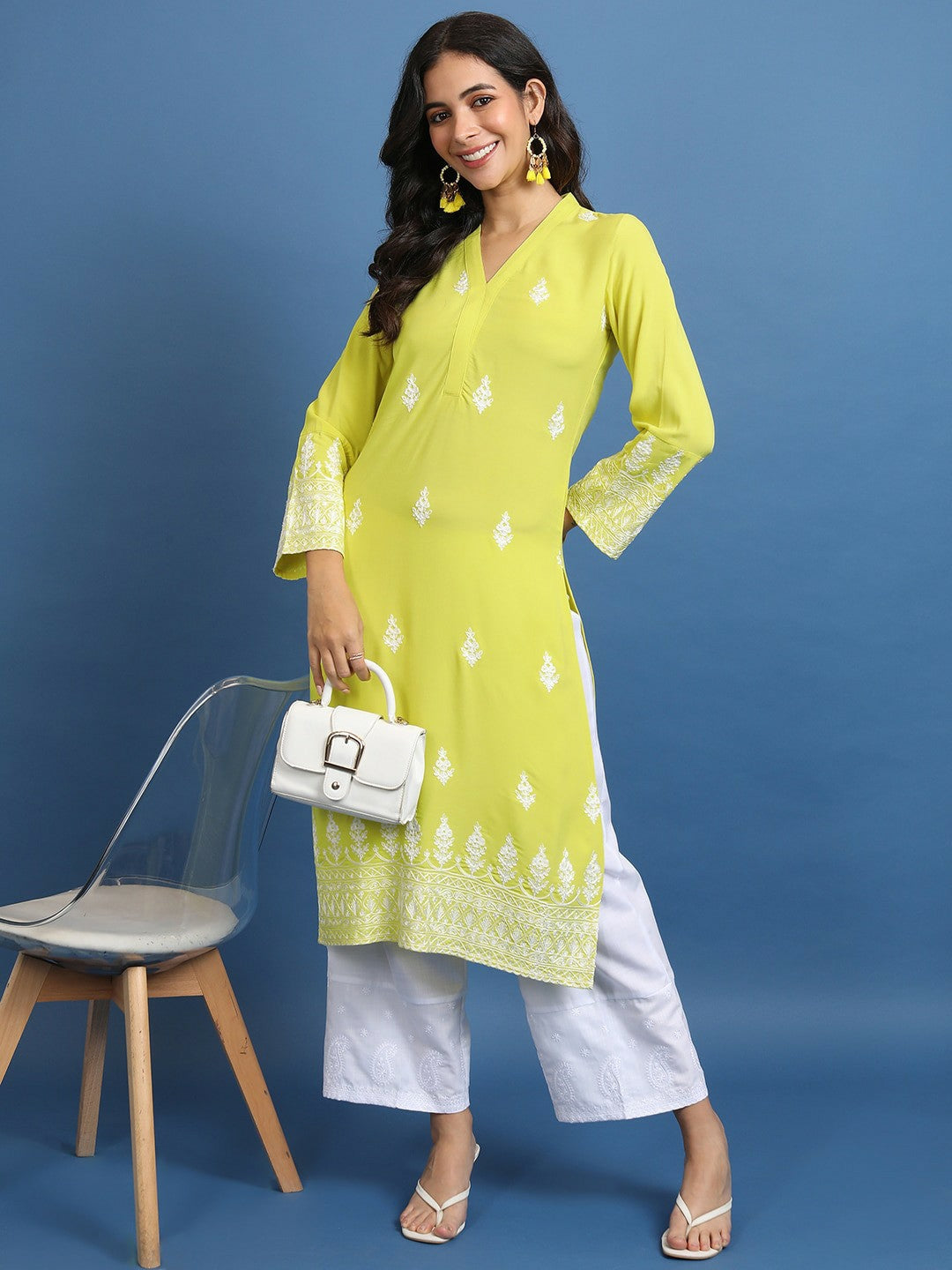 Elegant Yellow & White Ethnic Motif Printed Women's Kurta with Mandarin Collar | Indiaista