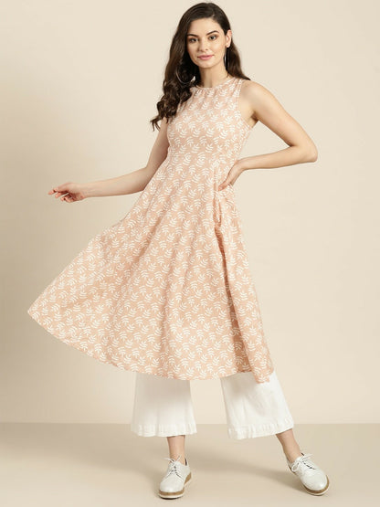 Bollywood-Inspired Peach & White Printed A-Line Kurta for Women – Indian & Pakistani Ethnic Wear for Diwali & Eid | Indiaista