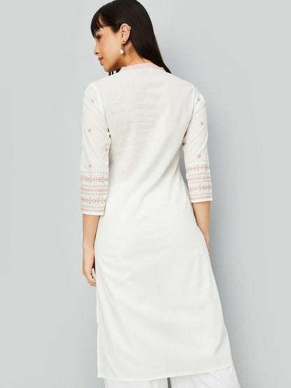 Off-White Embroidered Cotton Kurta for Women | Three-Quarter Sleeves, Asymmetric Hem | IndiaIsta