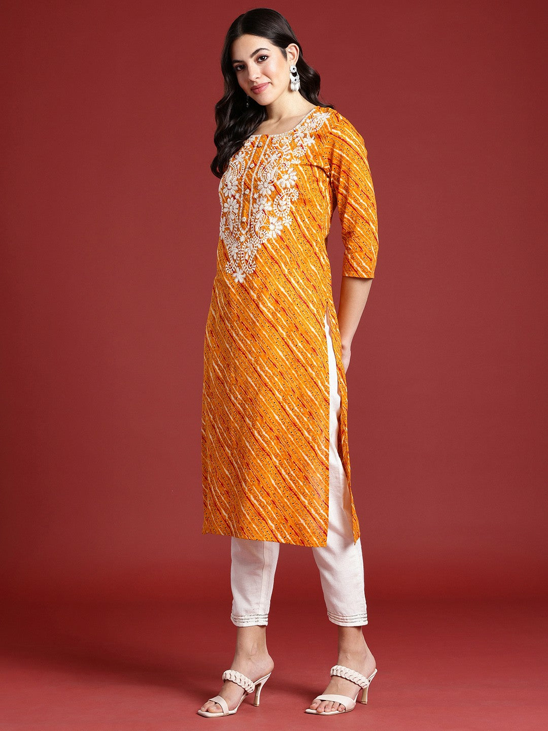 Yellow Paisley Embroidered Cotton Straight Kurta for Women | Indiaista