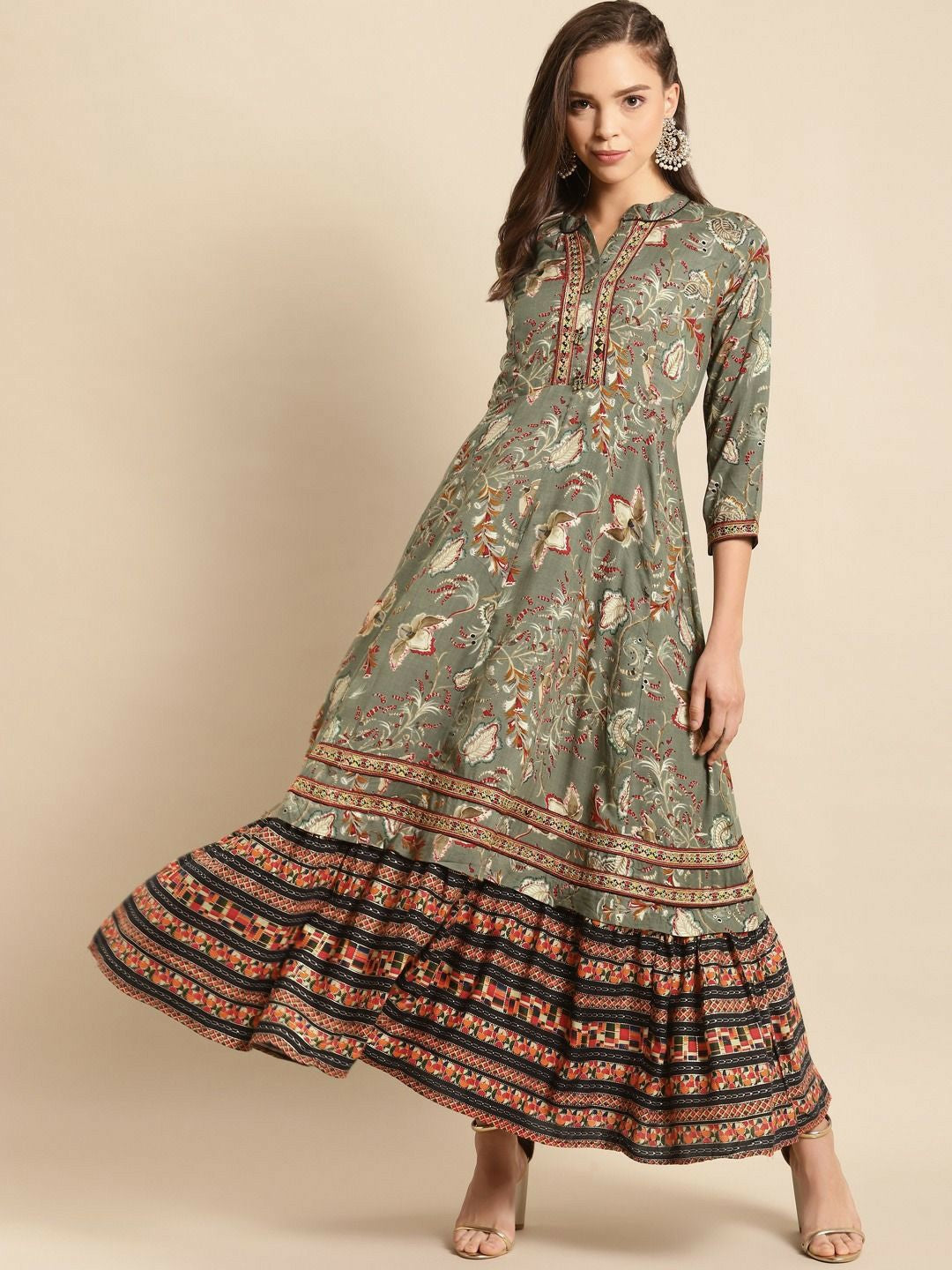 Grey Ethnic Motifs Print Maxi Dress for Women – Flowy Liva Fabric, Mandarin Collar