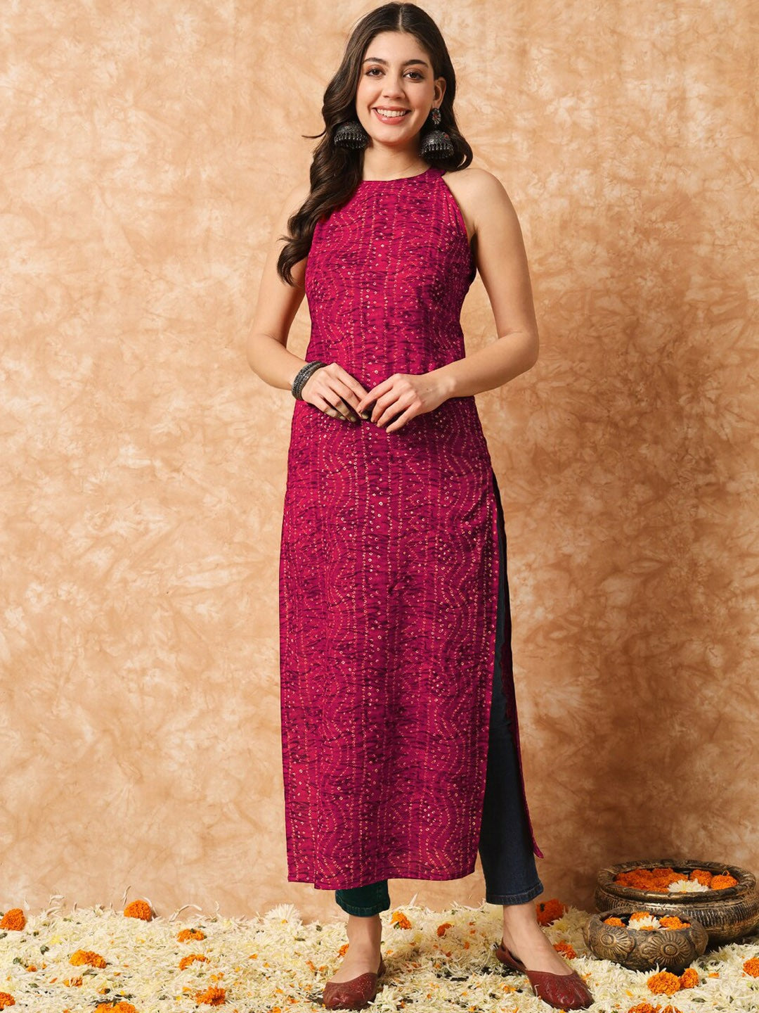 Pink Bandhani Printed Sleeveless Cotton Kurta with Pockets | A-Line Calf Length - Indiaista