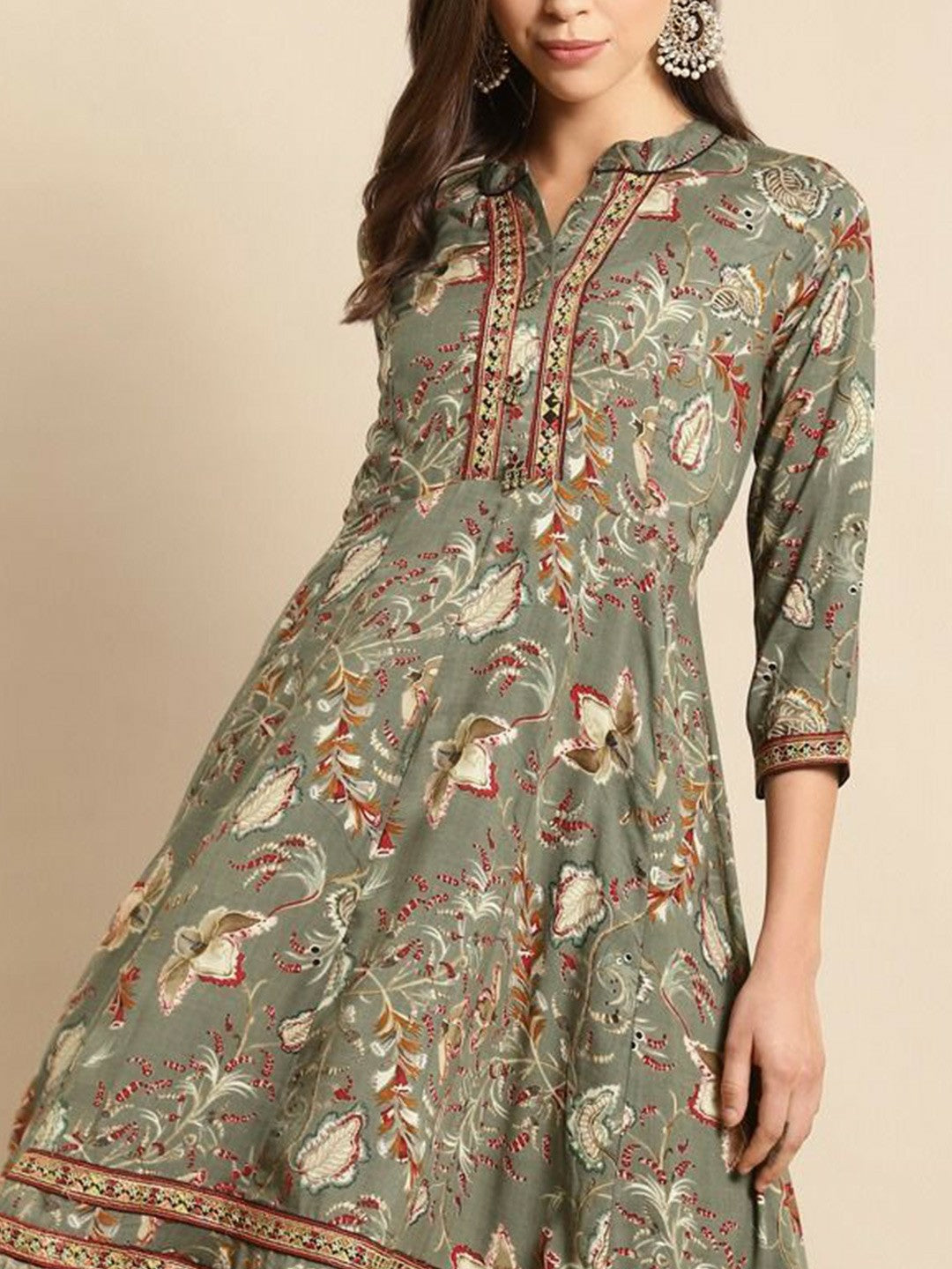 Grey Ethnic Motifs Print Maxi Dress for Women – Flowy Liva Fabric, Mandarin Collar