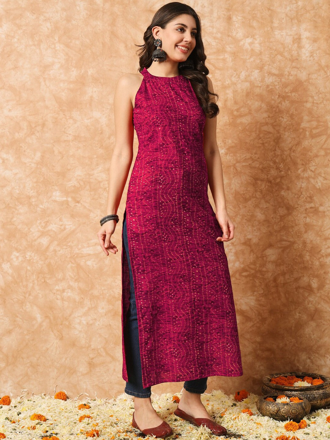 Pink Bandhani Printed Sleeveless Cotton Kurta with Pockets | A-Line Calf Length - Indiaista