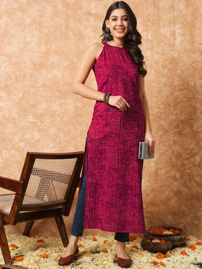 Pink Bandhani Printed Sleeveless Cotton Kurta with Pockets | A-Line Calf Length - Indiaista