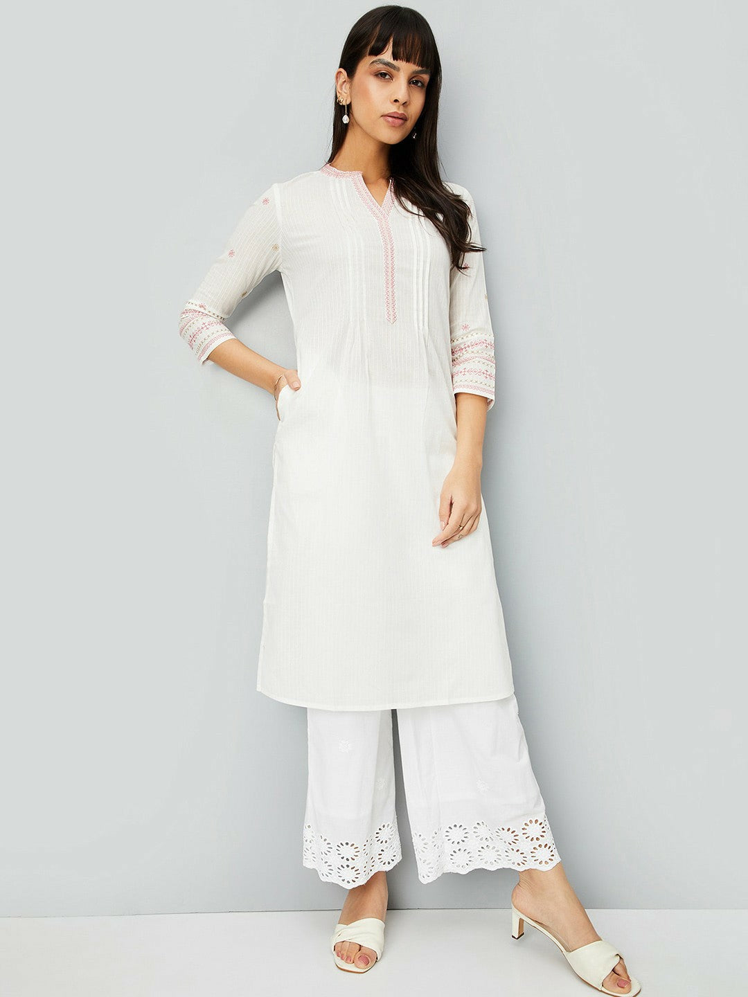 Off-White Embroidered Cotton Kurta for Women | Three-Quarter Sleeves, Asymmetric Hem | IndiaIsta