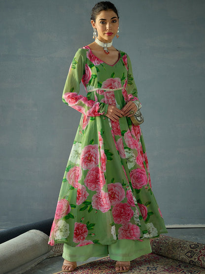 Green Floral Printed Georgette Anarkali Kurta for Women - Elegant Sweetheart Neck & Flared Hem | IndiaIsta