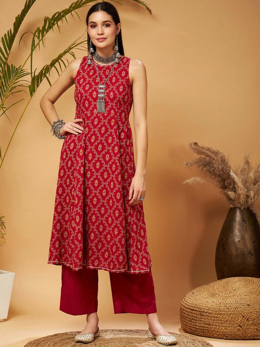 Maroon Ethnic Motifs Printed A-Line Kurta for Women – Bollywood, Diwali, Eid, Indian & Pakistani Fashion | Indiaista