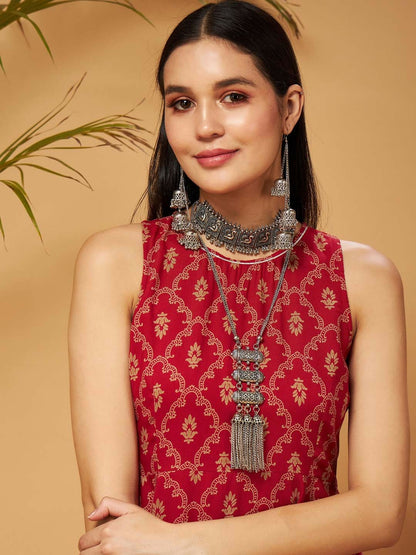 Maroon Ethnic Motifs Printed A-Line Kurta for Women – Bollywood, Diwali, Eid, Indian & Pakistani Fashion | Indiaista