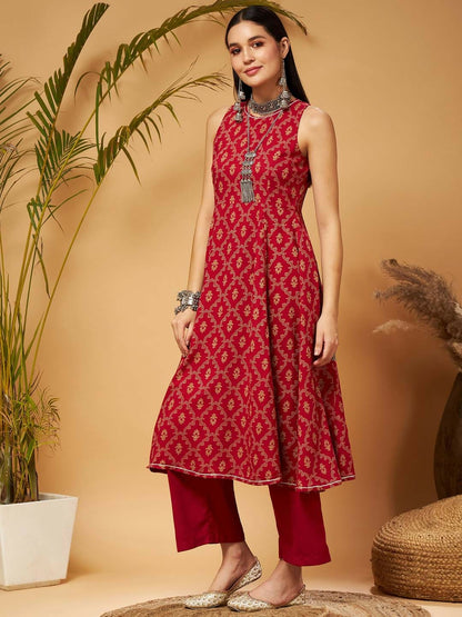 Maroon Ethnic Motifs Printed A-Line Kurta for Women – Bollywood, Diwali, Eid, Indian & Pakistani Fashion | Indiaista