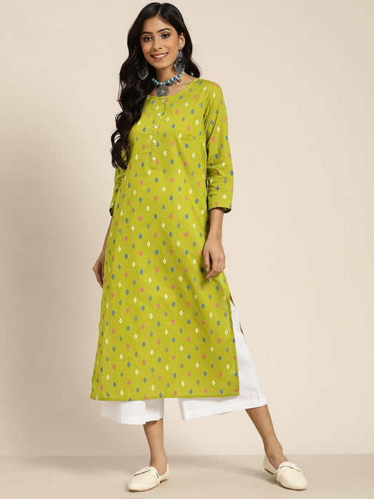 Women’s Lime Green & Blue Geometric Print Cotton Kurta - Stylish Festive Wear | Indiaista