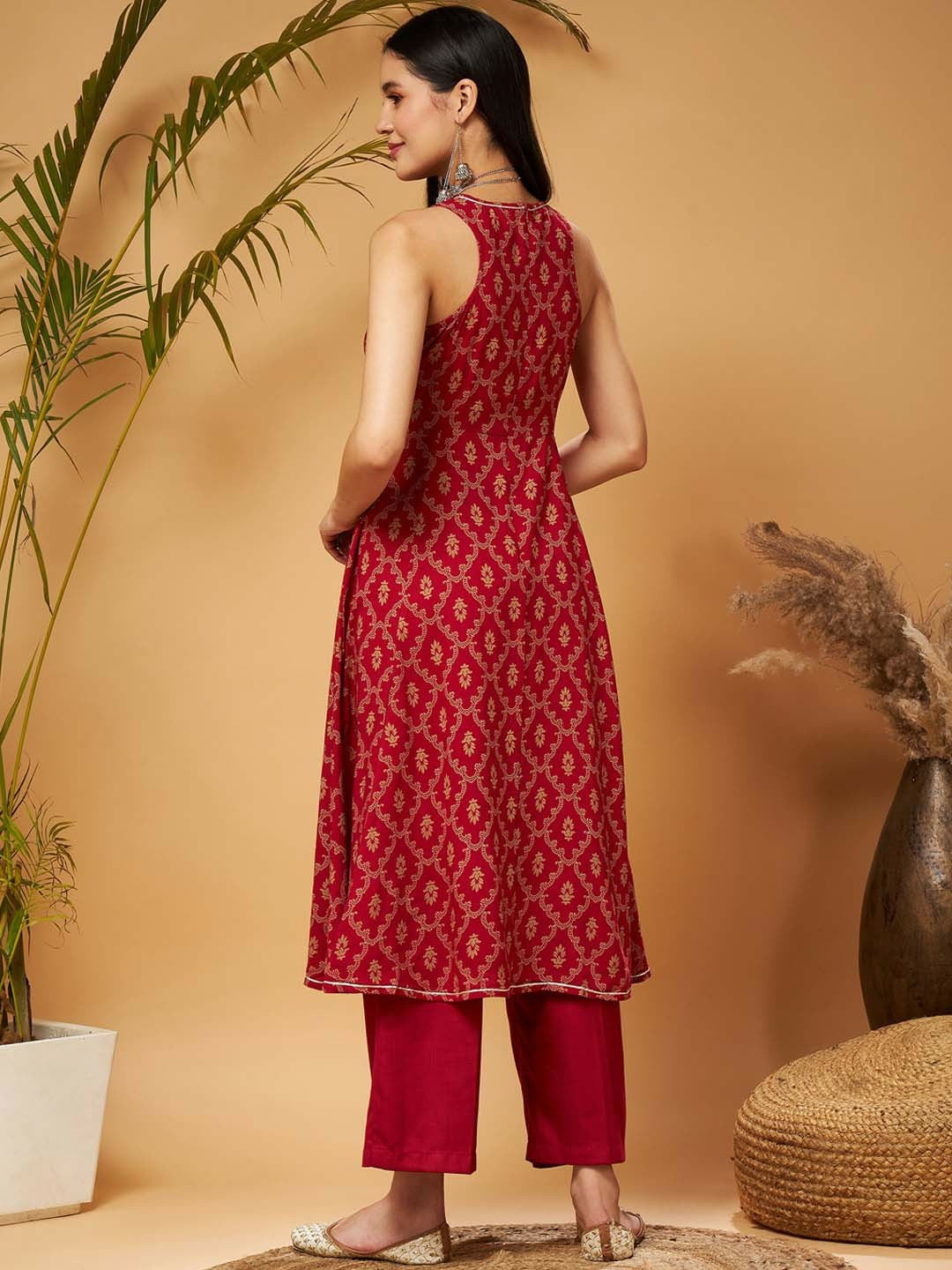 Maroon Ethnic Motifs Printed A-Line Kurta for Women – Bollywood, Diwali, Eid, Indian & Pakistani Fashion | Indiaista