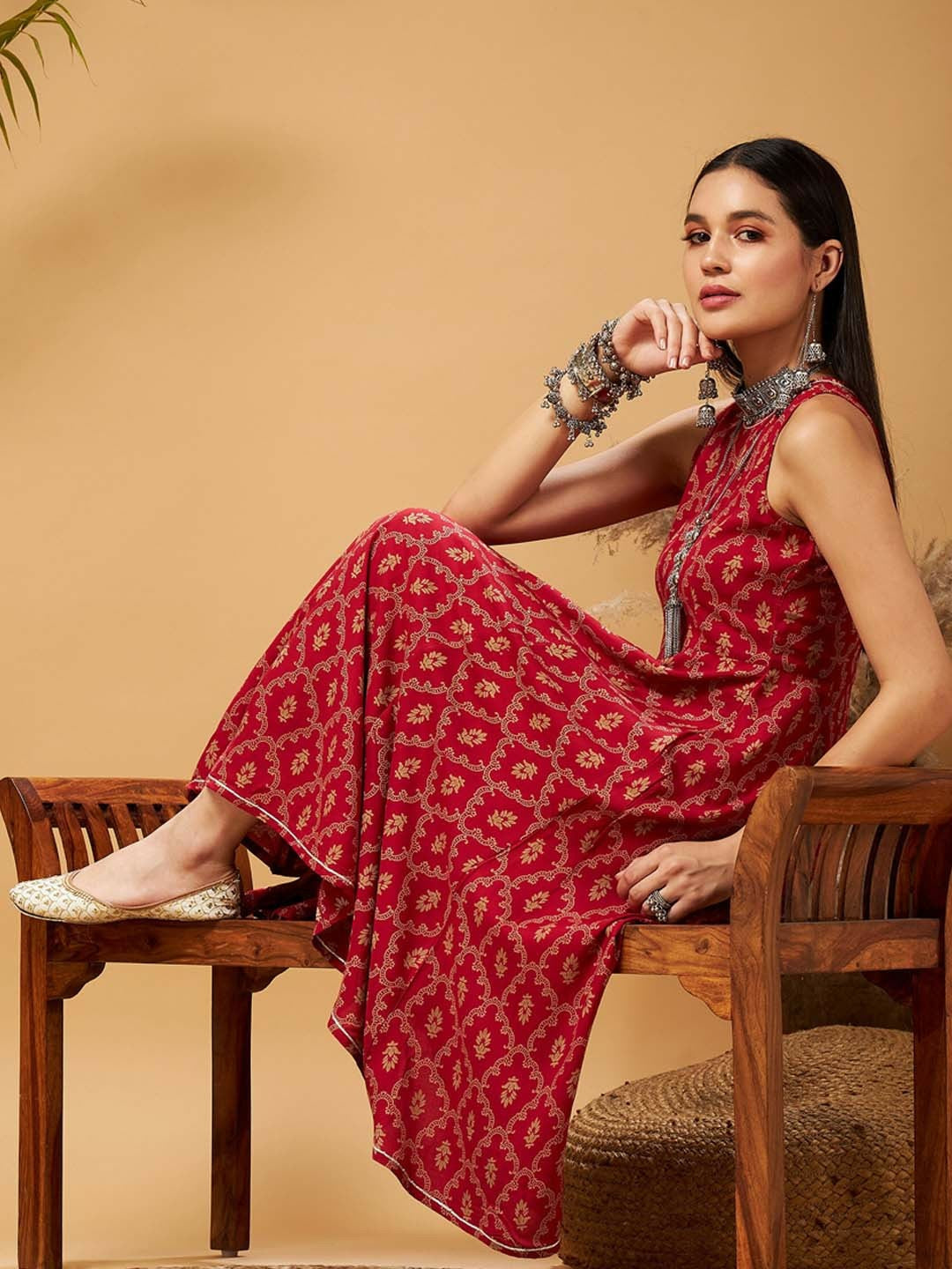 Maroon Ethnic Motifs Printed A-Line Kurta for Women – Bollywood, Diwali, Eid, Indian & Pakistani Fashion | Indiaista