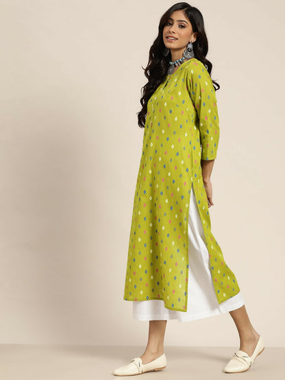 Women’s Lime Green & Blue Geometric Print Cotton Kurta - Stylish Festive Wear | Indiaista