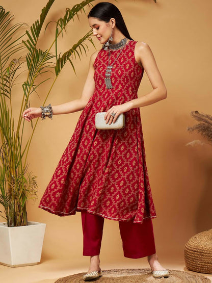 Maroon Ethnic Motifs Printed A-Line Kurta for Women – Bollywood, Diwali, Eid, Indian & Pakistani Fashion | Indiaista