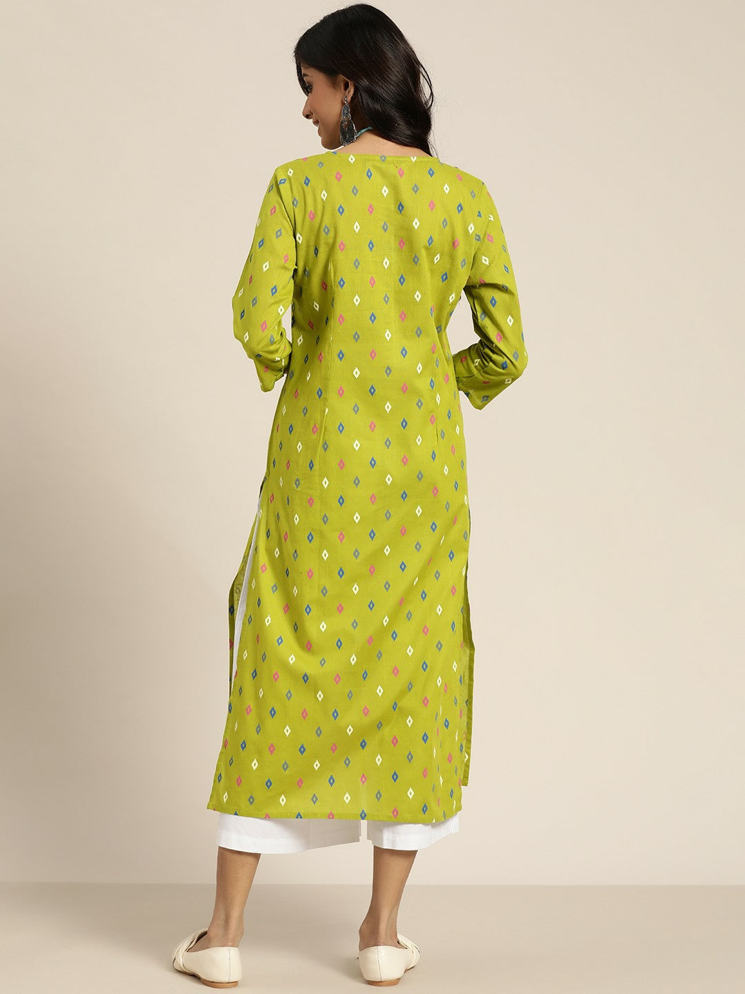 Women’s Lime Green & Blue Geometric Print Cotton Kurta - Stylish Festive Wear | Indiaista