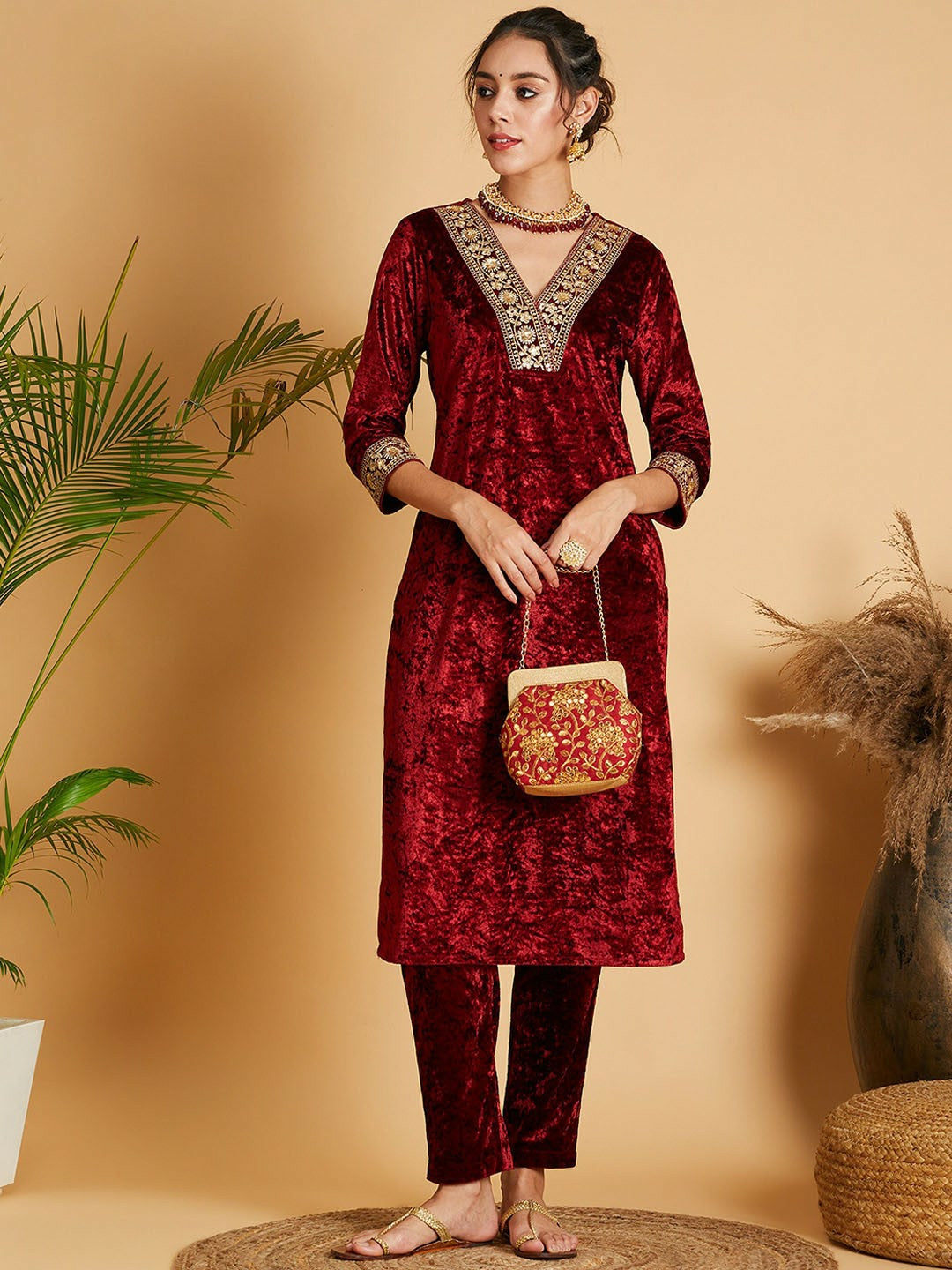 Maroon Velvet Straight Kurta for Women – Bollywood Ethnic Wear for Diwali, Eid & Weddings | Indiaista