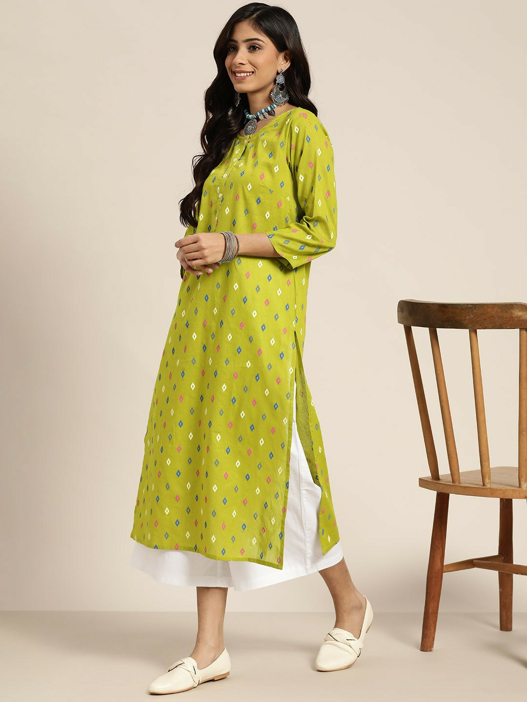 Women’s Lime Green & Blue Geometric Print Cotton Kurta - Stylish Festive Wear | Indiaista