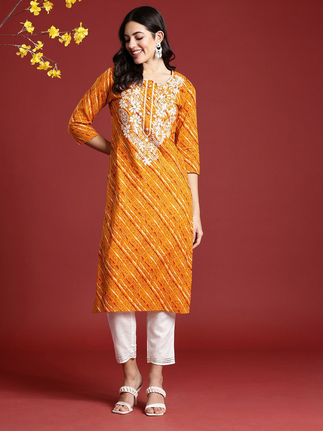 Yellow Paisley Embroidered Cotton Straight Kurta for Women | Indiaista