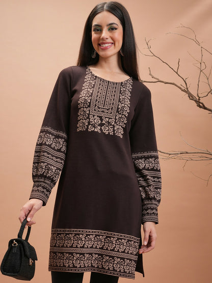 Brown & Beige Ethnic Motif Printed Winter Floral Kurta for Women | Indiaista