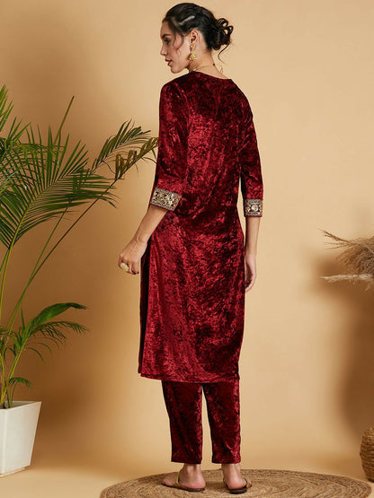 Maroon Velvet Straight Kurta for Women – Bollywood Ethnic Wear for Diwali, Eid & Weddings | Indiaista