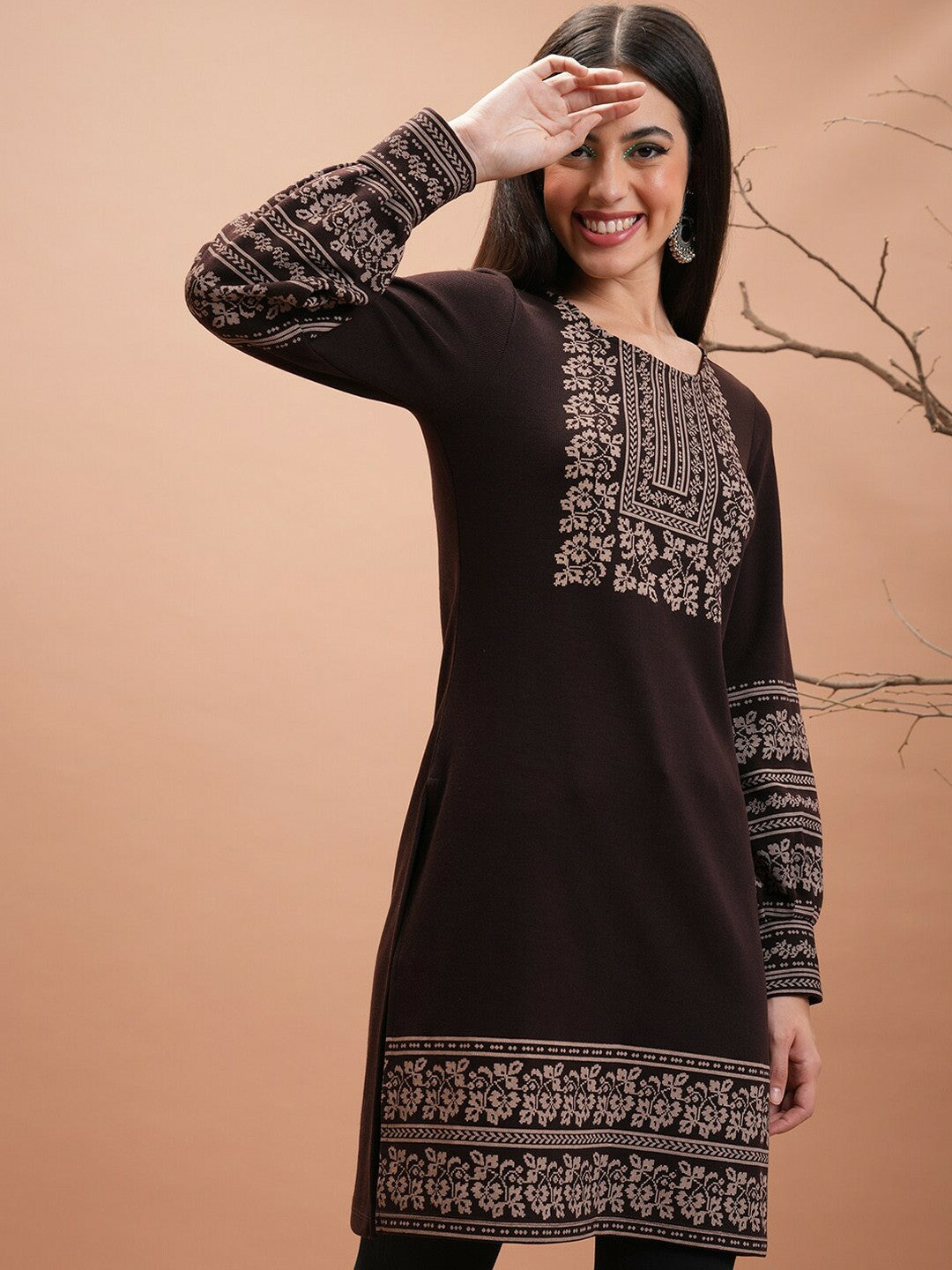 Brown & Beige Ethnic Motif Printed Winter Floral Kurta for Women | Indiaista