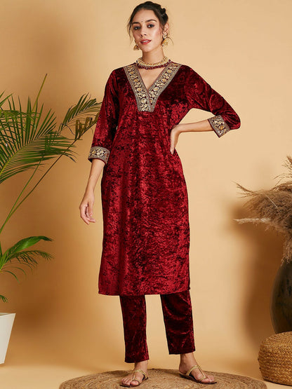 Maroon Velvet Straight Kurta for Women – Bollywood Ethnic Wear for Diwali, Eid & Weddings | Indiaista