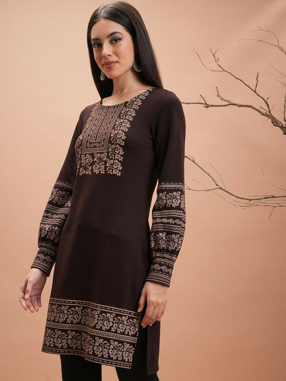 Brown & Beige Ethnic Motif Printed Winter Floral Kurta for Women | Indiaista