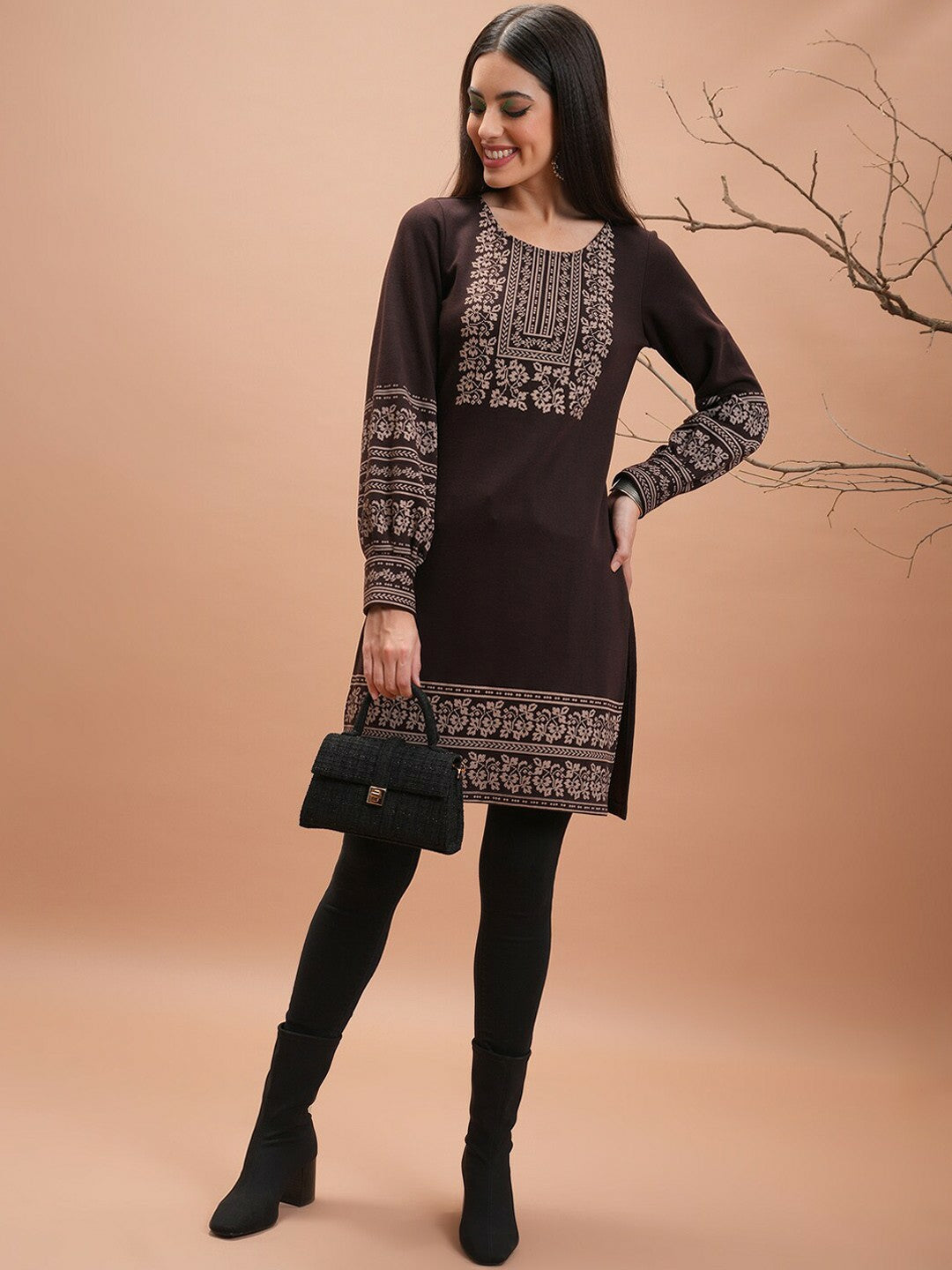 Brown & Beige Ethnic Motif Printed Winter Floral Kurta for Women | Indiaista