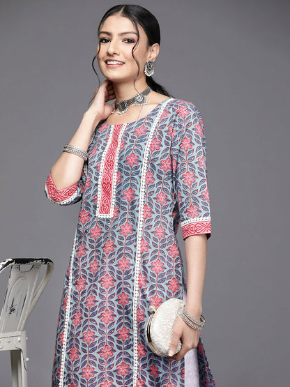 Women Blue & Pink Floral Print Cotton Kurta - Stylish Straight Fit | Indiaista