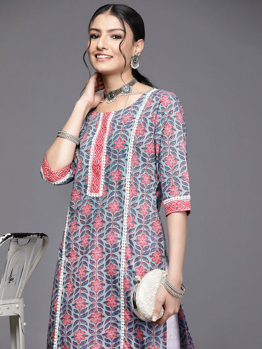 Women Blue & Pink Floral Print Cotton Kurta - Stylish Straight Fit | Indiaista