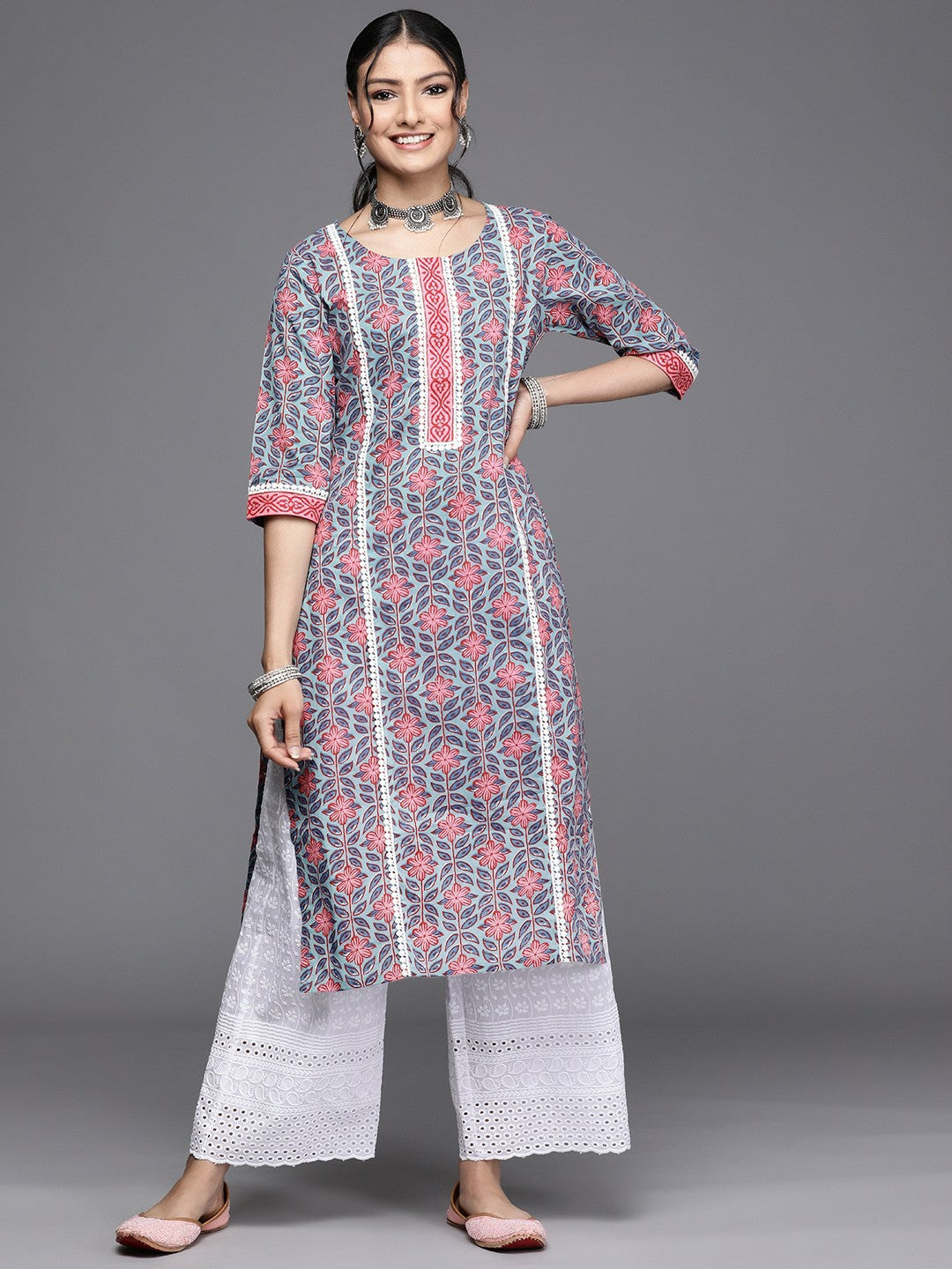 Women Blue & Pink Floral Print Cotton Kurta - Stylish Straight Fit | Indiaista