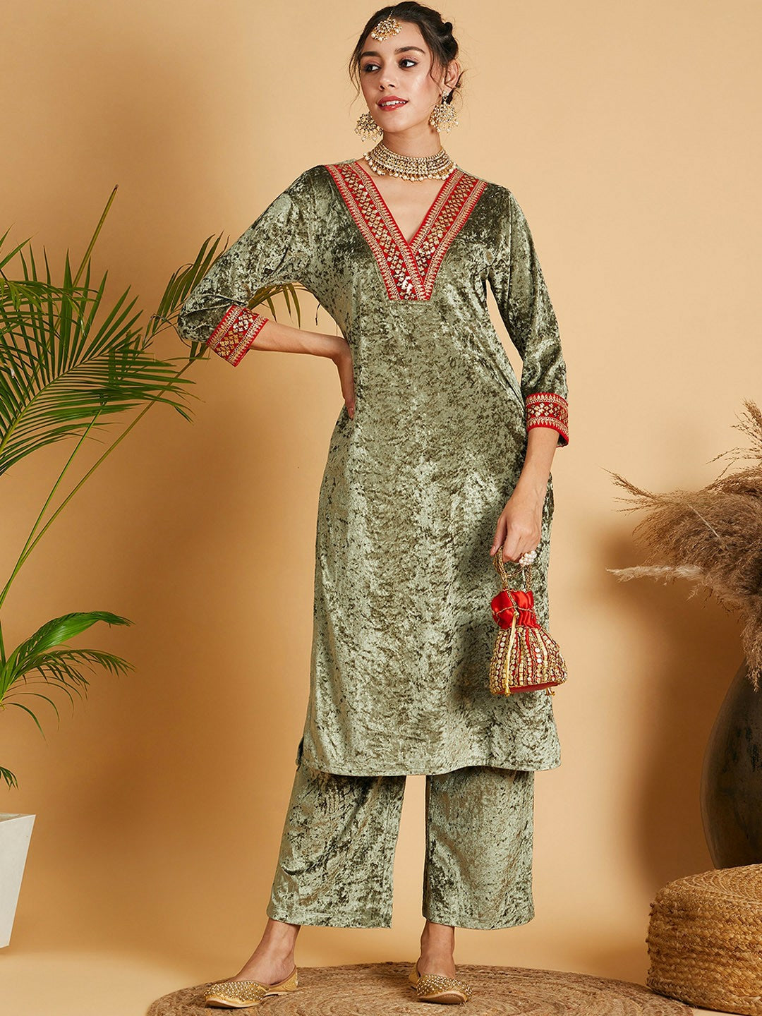 Olive Green Velvet Straight Kurta for Women – Bollywood Ethnic Wear for Diwali & Eid | Indiaista