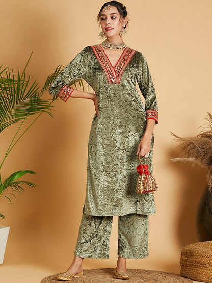 Olive Green Velvet Straight Kurta for Women – Bollywood Ethnic Wear for Diwali & Eid | Indiaista