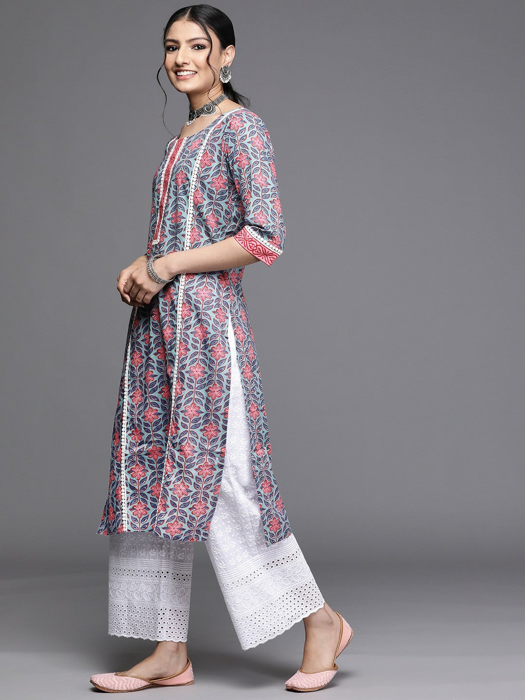 Women Blue & Pink Floral Print Cotton Kurta - Stylish Straight Fit | Indiaista