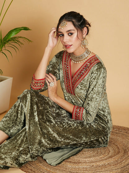 Olive Green Velvet Straight Kurta for Women – Bollywood Ethnic Wear for Diwali & Eid | Indiaista