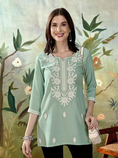 Buy Sea Green Straight Kurti with Ethnic Motifs Embroidery | Women's Rayon Kurti Online - Indiaista