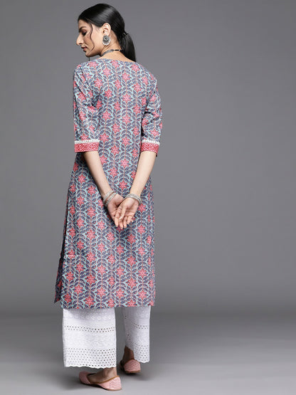 Women Blue & Pink Floral Print Cotton Kurta - Stylish Straight Fit | Indiaista