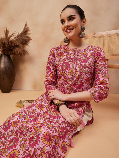 Buy Pink & Yellow Floral Printed Cotton Kurta for Women | Round Neck Straight Kurta - Indiaista