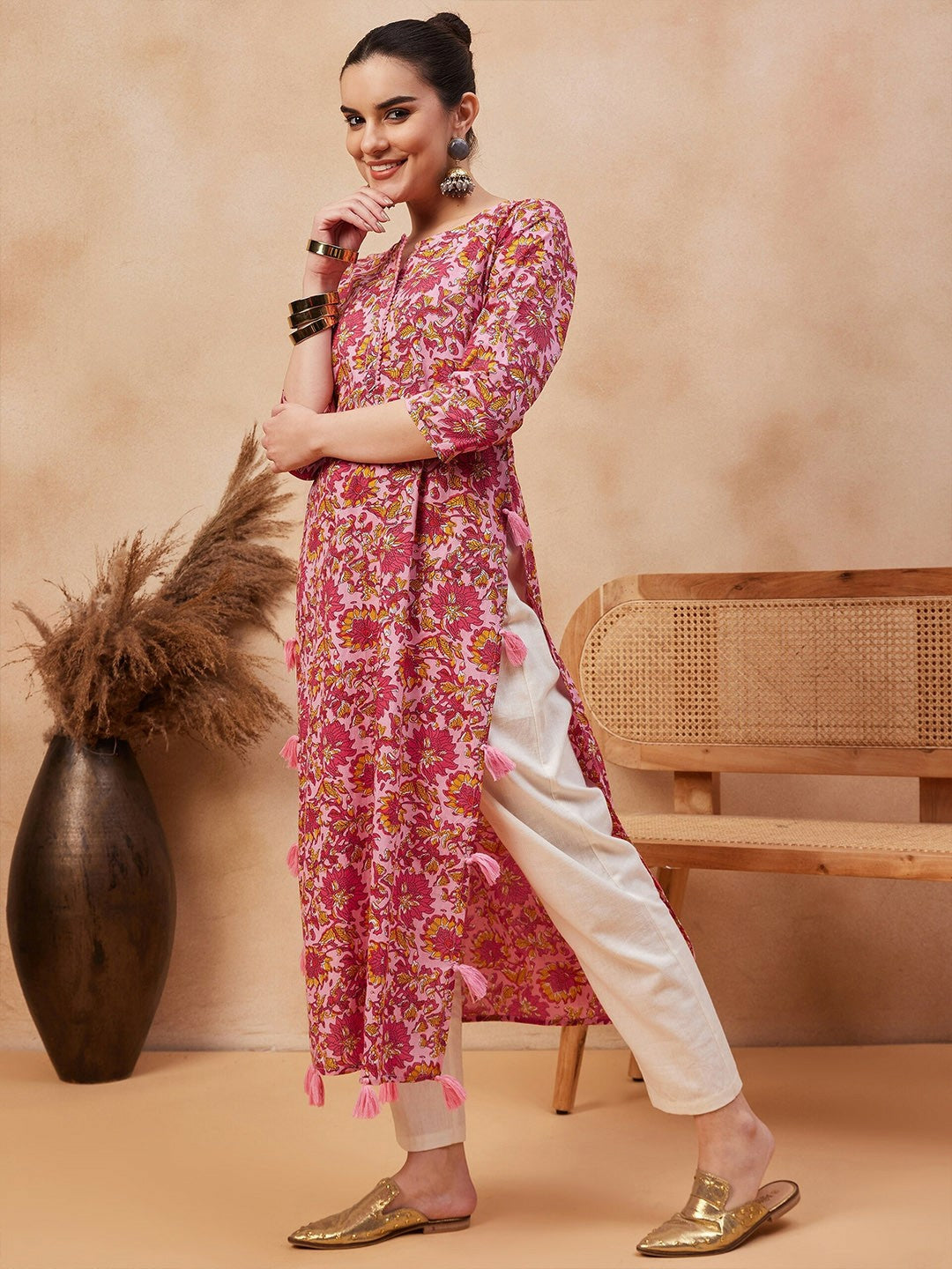 Buy Pink & Yellow Floral Printed Cotton Kurta for Women | Round Neck Straight Kurta - Indiaista