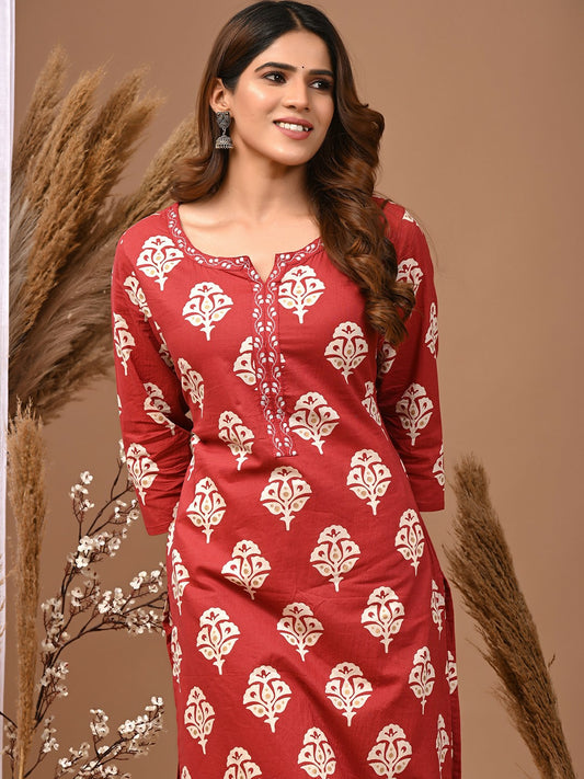 Maroon Ethnic Motifs Printed A-Line Cotton Kurta with Thread Work - Indiaista