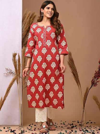 Maroon Ethnic Motifs Printed A-Line Cotton Kurta with Thread Work - Indiaista