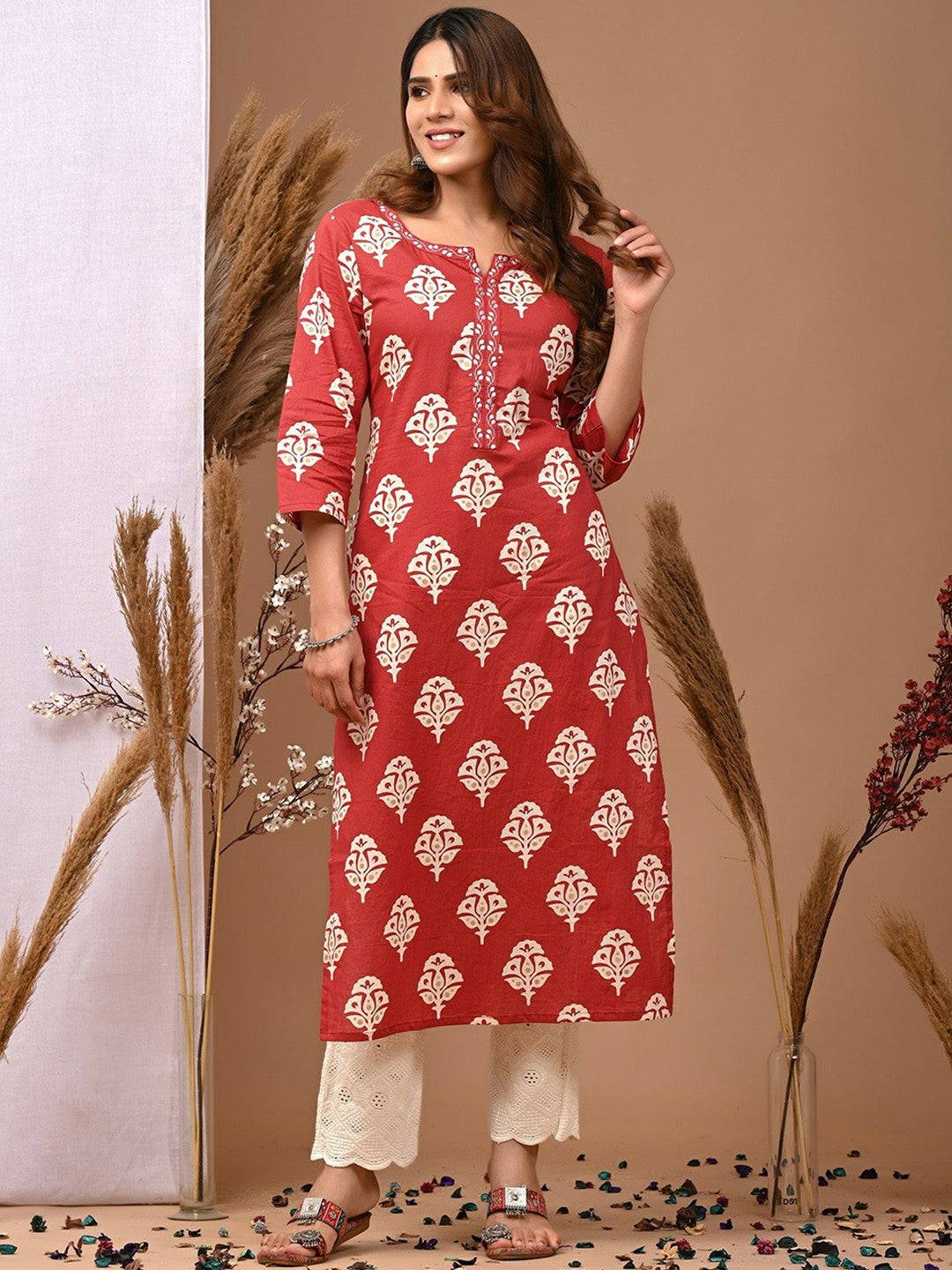 Maroon Ethnic Motifs Printed A-Line Cotton Kurta with Thread Work - Indiaista