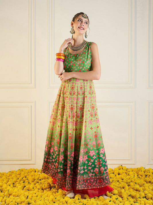 Green Floral Printed Anarkali Kurta for Women – Bollywood Eid Pakistani Indian Ethnic Wear | Indiaista