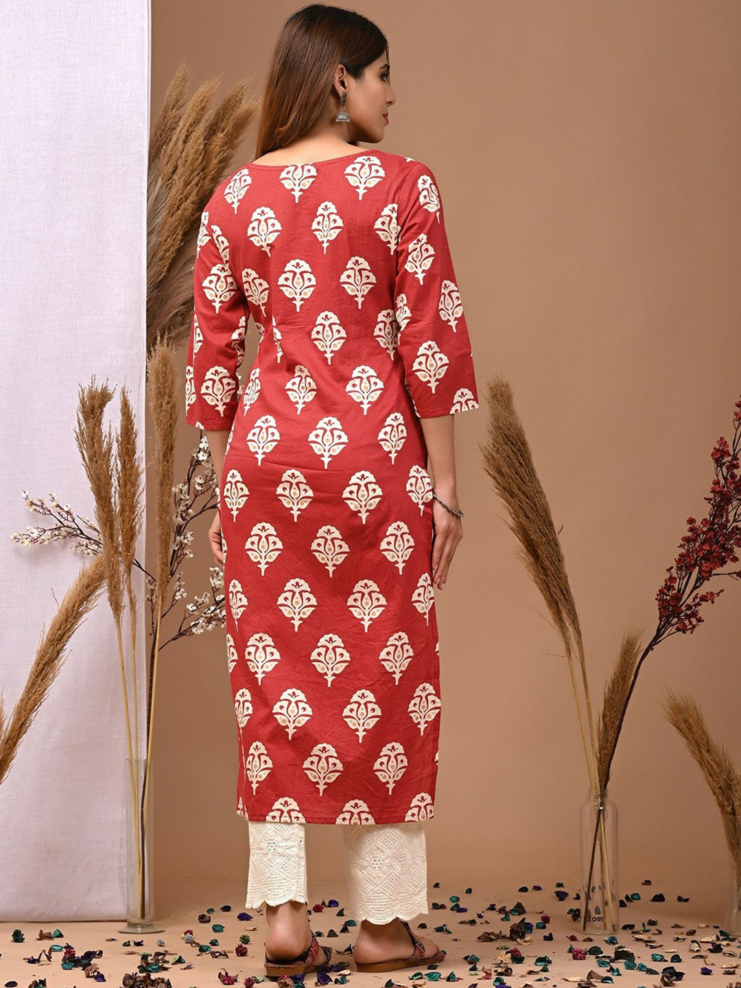 Maroon Ethnic Motifs Printed A-Line Cotton Kurta with Thread Work - Indiaista