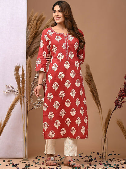 Maroon Ethnic Motifs Printed A-Line Cotton Kurta with Thread Work - Indiaista