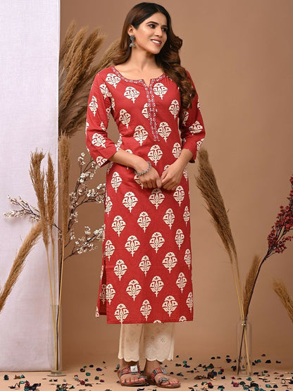 Maroon Ethnic Motifs Printed A-Line Cotton Kurta with Thread Work - Indiaista