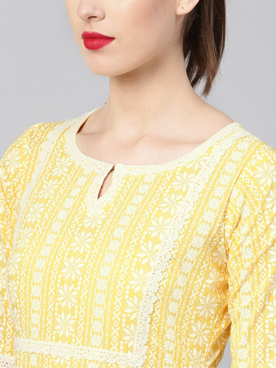 Women Yellow & White Block Print Straight Kurta with Lace Inserts - Indiaista