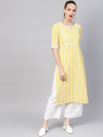 Women Yellow & White Block Print Straight Kurta with Lace Inserts - Indiaista