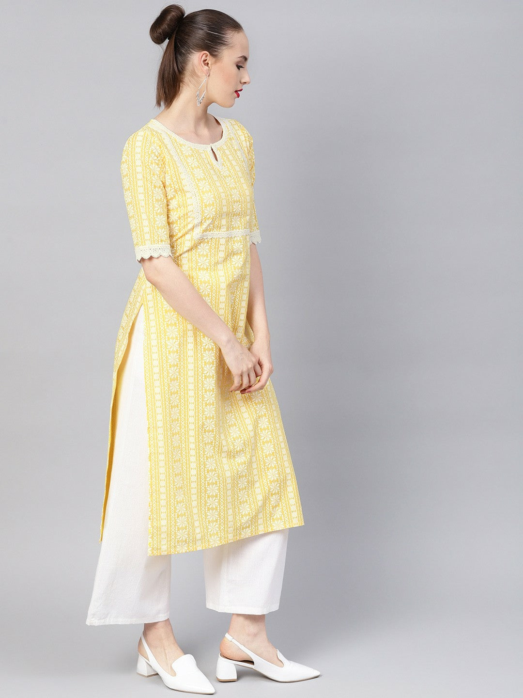 Women Yellow & White Block Print Straight Kurta with Lace Inserts - Indiaista